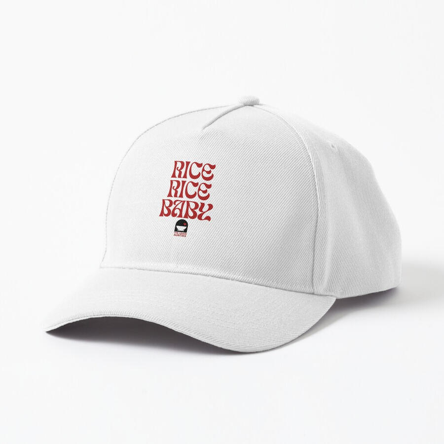 White baseball cap with red text Rice Rice Baby