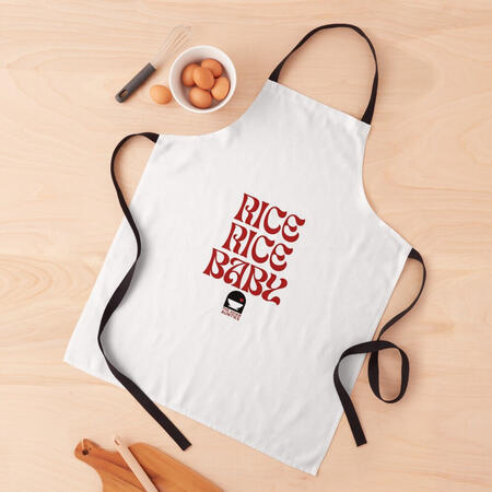 Rice Rice Baby Apron White Apron with text Rice Rice Baby
